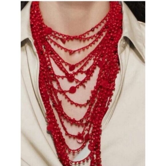 New! Zara Red Crochet Button Statement Necklace NWOT - Picture 1 of 4